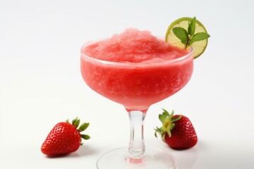 A margarita glass containing a frozen strawberry margarita cocktail, set apart against a white background.