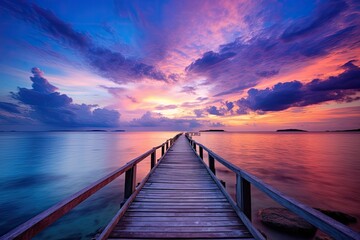 A stunning scenery unfolds, featuring a bridge that connects to a pier, set against a picturesque blend of the vibrant ocean and sky hues.