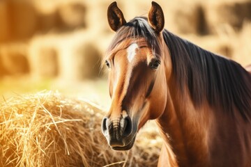 Beautiful bay horse eating dry harvested hay on a warm summer day illuminated by sunlight Farm...