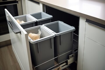Kitchen cabinet with full separate waste collection bins