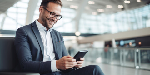 Smiling Businessman in Airport Terminal Melding Business and Travel, Staying Connected with Digital Tablet