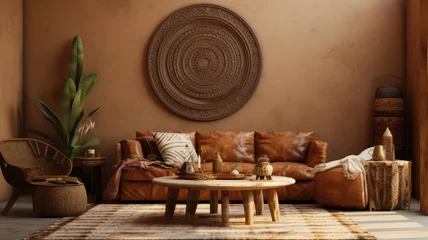 Stickers pour porte Style bohème Home interior with ethnic boho decoration, living room in brown warm color