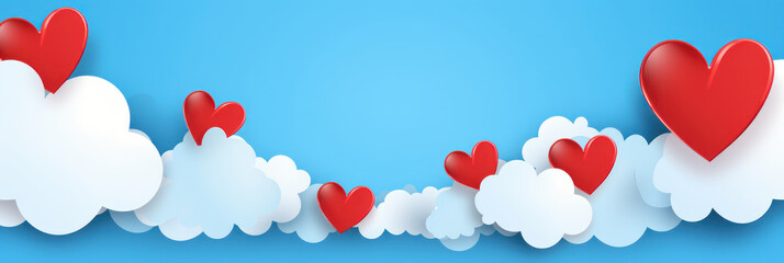 Horizontal banner with blue sky and paper cut clouds. Place for text. Happy Valentine's day sale header or voucher template with hearts - obrazy, fototapety, plakaty