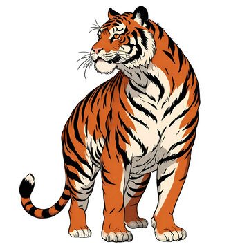 Bengal Tiger, Big Cat Illustration In Traditional Japanese Ukiyo-e Style, Transparent Background