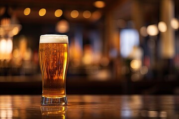 Blurry background with tall beer glass on bar counter - obrazy, fototapety, plakaty