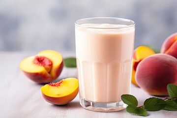 breakfast beverage consisting of peach-flavored yogurt, a refreshing peach smoothie made from fresh peaches, area available for adding text