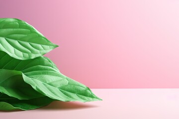 Branding and packaging presentation with a pink leaf on a green background for natural skincare beauty products