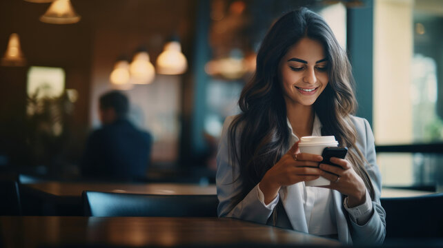 Smiling woman using mobile phone sitting in coffee bar