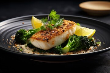 Close up of modern style pan fried skrei cod fish filet with black rice baby broccoli and portulaca lettuce on a ceramic plate - obrazy, fototapety, plakaty