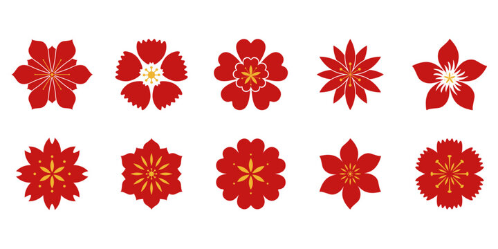 Set of flat chinese flower decoration. Abstract flower with oriental style