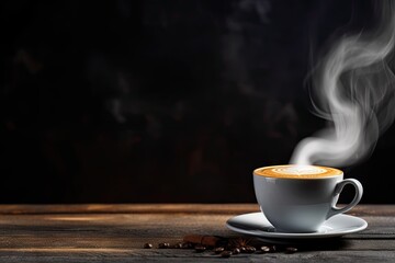 Fototapeta premium Dark scene with a coffee cup and smoke on a table for adding text