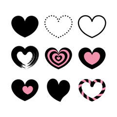 Vector set of heart black and pink outline, Different style draw the hand. Love symbol. Hearts vector. Valentines day elements.
