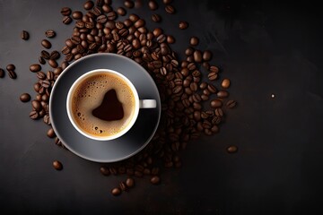 Obraz na płótnie Canvas Delicious espresso in cup with coffee beans Top view Dark backdrop