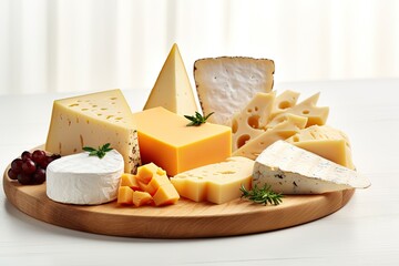Different cheese types on a light wooden backdrop