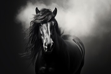Obraz na płótnie Canvas Black Andalusian Horse in light smoke depicted in a black and white portrait
