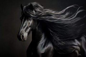 Black Andalusian Horse with lengthy mane depicted in portrait
