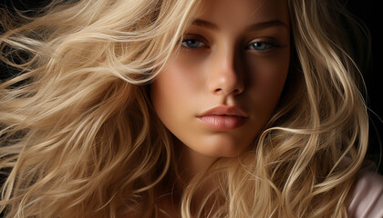 Naklejka premium Beautiful blond woman with long curly hair exudes confidence and sensuality generated by AI