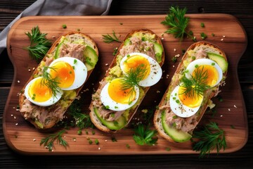 Healthy open sandwich with avocado tuna and boiled egg served on a wooden table Top view