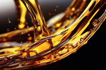 Motor oil is seen flowing rapidly from the neck of a bottle in a detailed close up shot