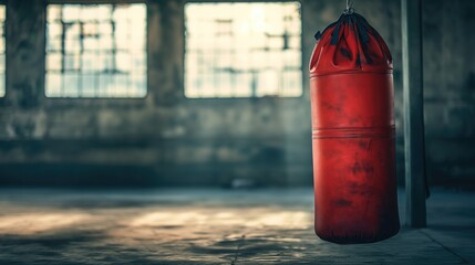 Red punching bag hanging in the gym. - obrazy, fototapety, plakaty