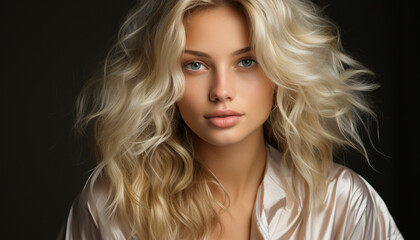 Naklejka premium Blond haired woman exudes beauty, sensuality, and elegance in close up portrait generated by AI
