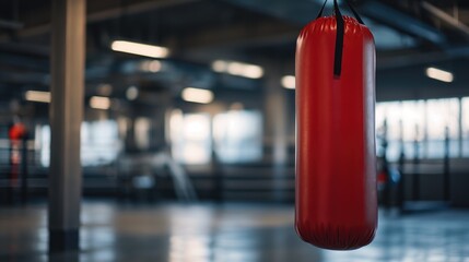 Red punching bag hanging in the gym. - obrazy, fototapety, plakaty