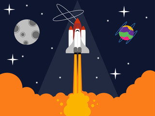 Rocket taking off from outer planet.. Outer space and astronaut vector illustrations.