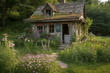Fototapeta na wymiar a tiny cottage in a meadow adorned with a bohemian floral motif. Generative AI