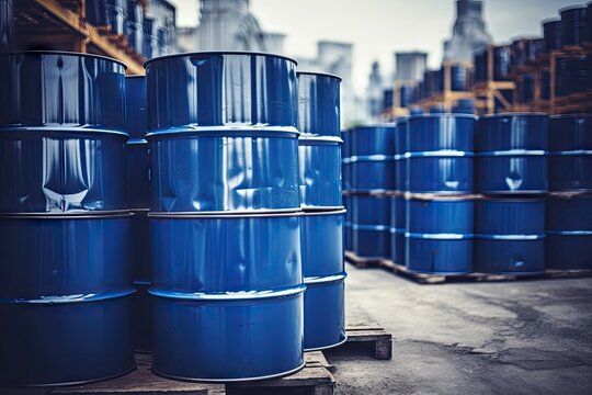 Stacked up oil or chemical barrels container or tank of hazardous black blue waste in plant