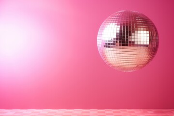 Abstract holiday background featuring a disco ball on pink backdrop adorned with contrasting sunlight shadows and highlights