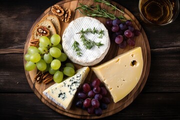 Various cheeses and accompaniments arranged on a round wooden board