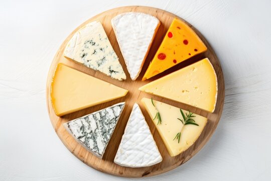 Variety of cheeses with different flavors displayed on a rustic white wooden background offering free space for text