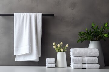 White towels in proximity to a gray wall - obrazy, fototapety, plakaty