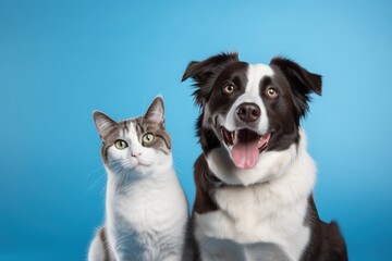 Blue background banner British Shorthair kitten and border collie dog with happy expression facing camera