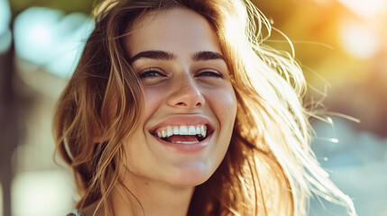 Beautiful woman smiling showing white teeth, black background
