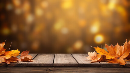 Naklejka na ściany i meble wooden table with autumn leaves blurred background