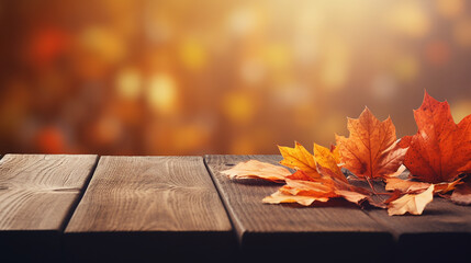 Naklejka na ściany i meble simple design wooden table with orange autumn leaves background