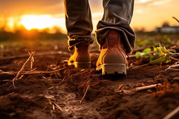 Legs in boots walking on fertile soil at sunset seen up close - obrazy, fototapety, plakaty