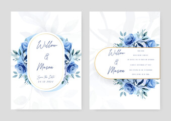 Blue rose elegant wedding invitation card template with watercolor floral and leaves. Wedding invitation floral watercolor card background