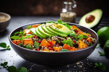 Making a nutritious salad with quinoa avocado sweet potato beans herbs and spinach on a rustic background for a clean healthy vegan vegetarian meal - obrazy, fototapety, plakaty