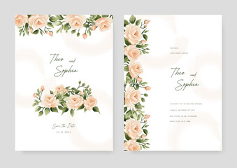 Beige rose elegant wedding invitation card template with watercolor floral and leaves. Wedding invitation floral watercolor card background
