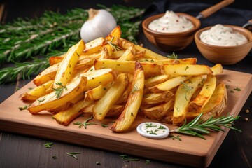 Mayonnaise and rosemary on white wooden board accompanies homemade potato fries