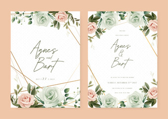 Beige and green rose modern wedding invitation template with floral and flower. Wedding invitation floral watercolor card background