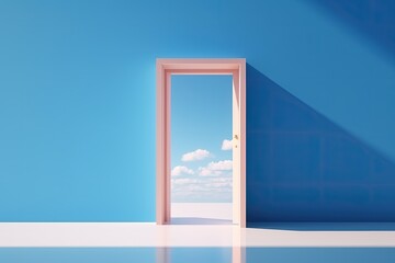 Minimal art poster of open door against blue background