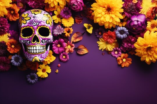 Mexican culture festival flyer with Day of the Dead background sugar skull marigold flowers and purple copy space