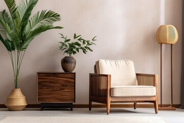 Minimalist retro home interior with armchair pendant lamp wooden commode tropical leaf wooden cube carpet basket and elegant modern accessories