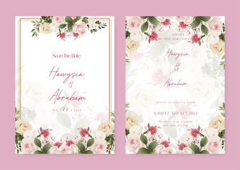 Beige and pink rose luxury wedding invitation with golden line art flower and botanical leaves, shapes, watercolor. Wedding invitation floral watercolor card background