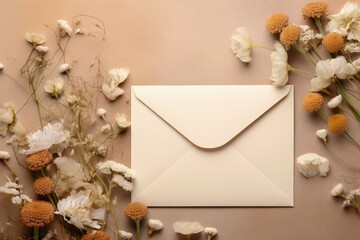 Mockup of a blank card invitation and envelope with a simple arrangement of dried flowers Seen from above in a flat lay style Composition for Mother s Day birth
