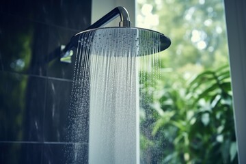 Modern bathroom shower with water flow Bathroom fixtures Shower faucet running Water splashing behind wet glass