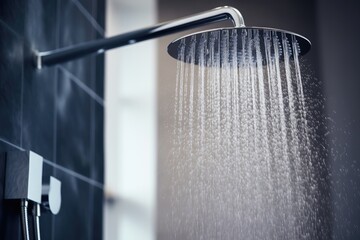 Modern bathroom with refreshing water droplets spraying from shower head - obrazy, fototapety, plakaty